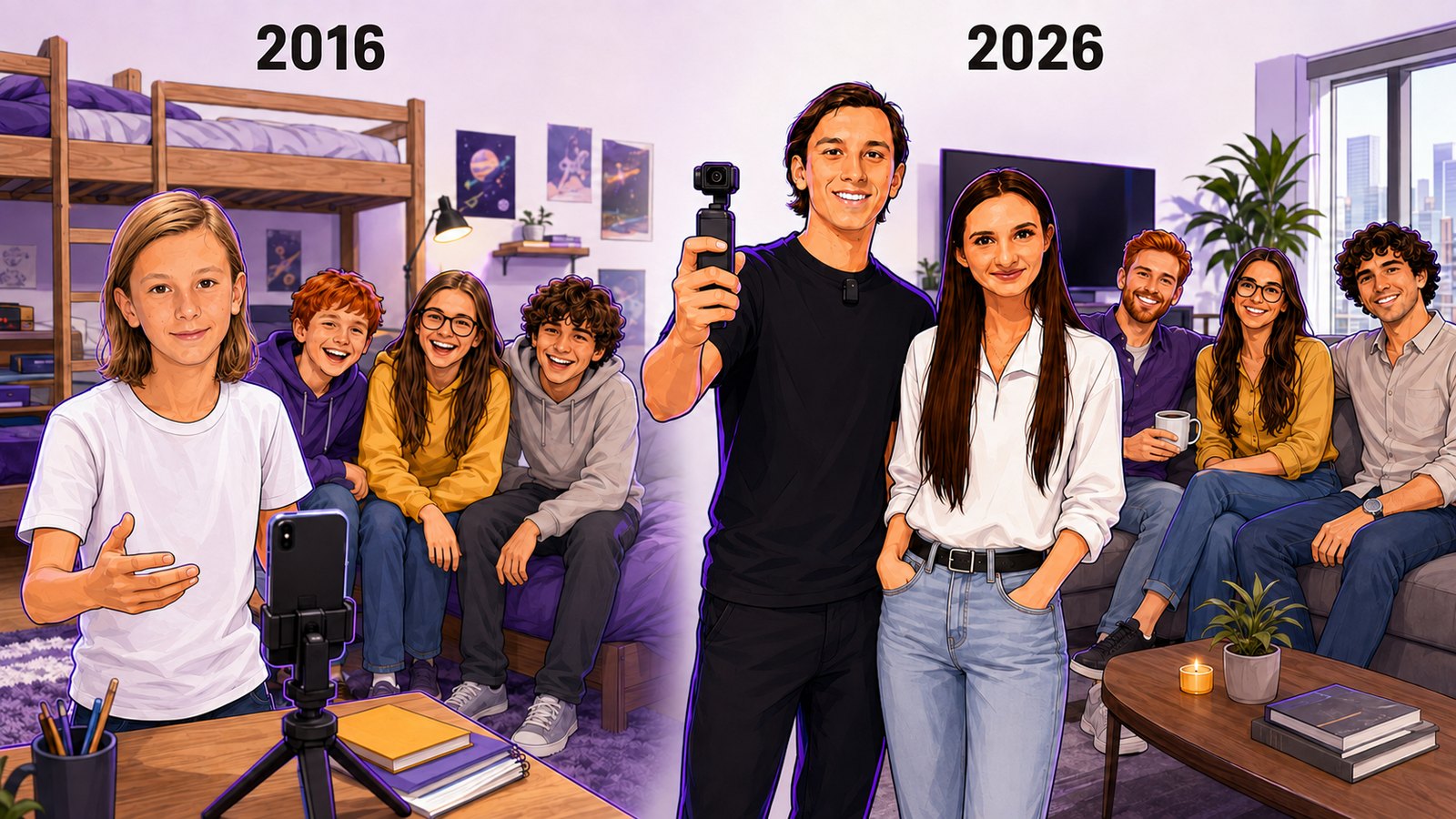Jack leta 2016 v otroški sobi s prijatelji in leta 2026 v svojem stanovanju z Anjo in istimi prijatelji