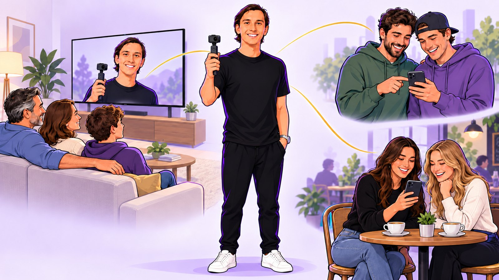 Jack med tremi publikami: družina pred TV (YouTube), mlada moška na telefonu (Instagram), mladi ženski v kavarni (TikTok)