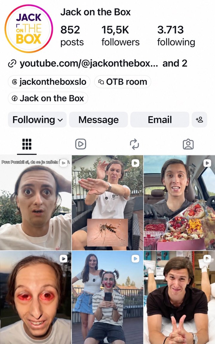 Instagram profil @jackontheboxslo — 852 objav, posnetek profila september 2026
