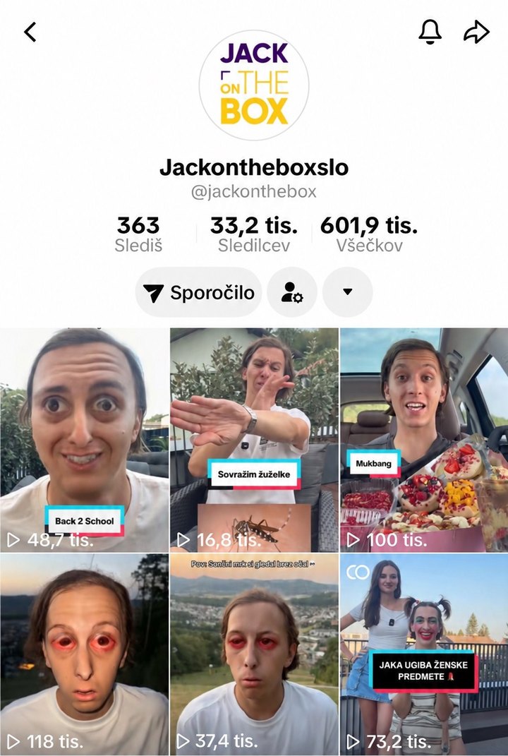TikTok profil @jackonthebox — 33,2 tis. sledilcev, 601,9 tis. všečkov